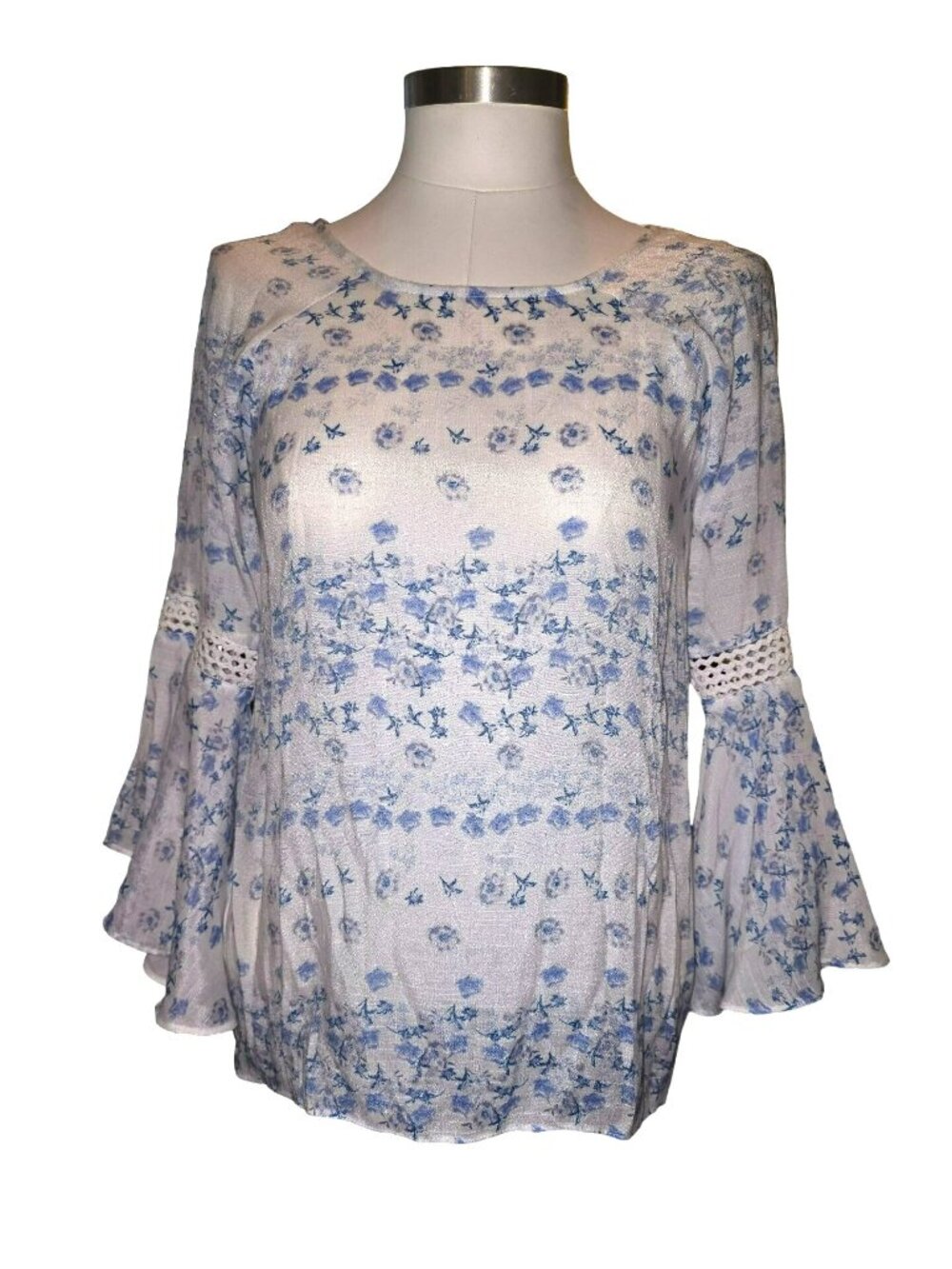 Lauren Conrad Blouse Womens Floral Bell Sleeve Top Size S White & Blue jj3668